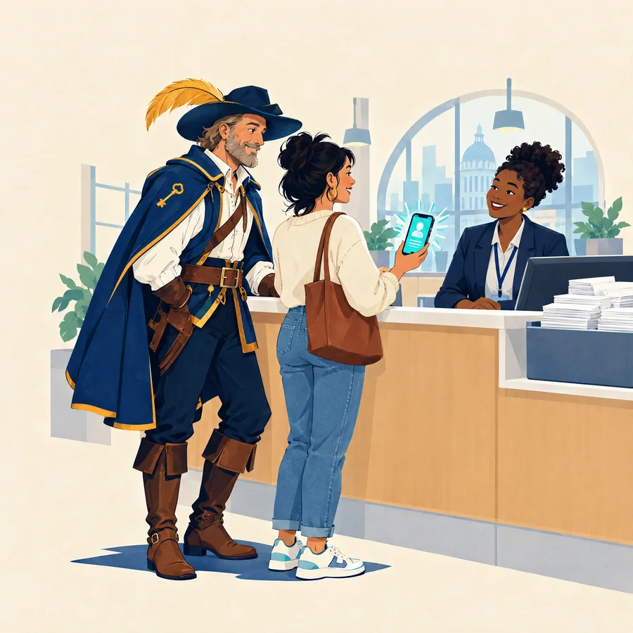 A Walleteer stands beside a resident who shares her details from her phone at a friendly city hall counter.