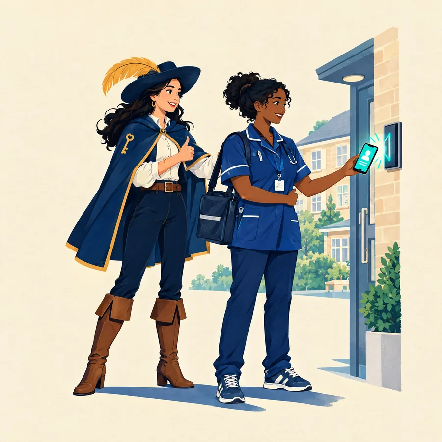 A Walleteer gives a thumbs up while a district nurse opens the door of a care home with the ID card on her phone.